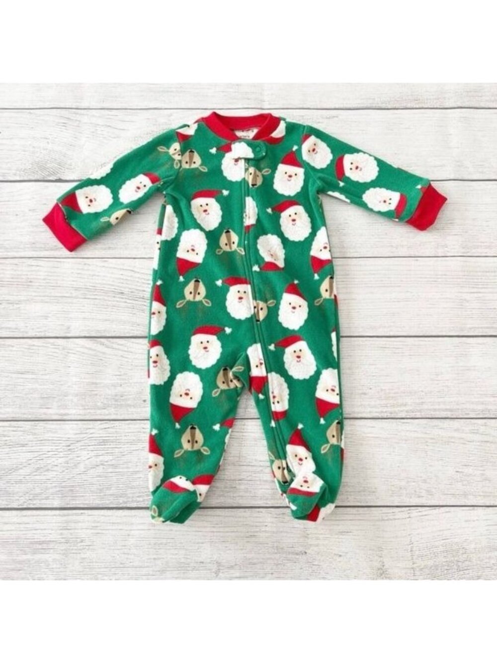 Carter's Holiday Fleece Footed Pajamas Santa Reindeer Print Green 3-6 Months